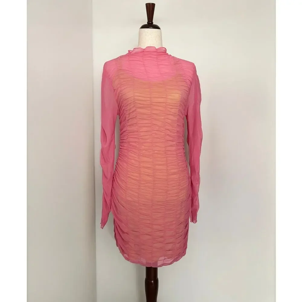 TOPSHOP Dress Size M 8/10 Hot Pink Sheer Layered Mesh Mini Ruched Long Sleeve
